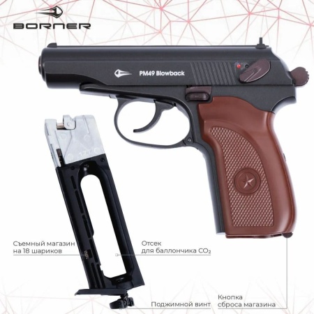 Пистолет пневматический BORNER ПМ49 Blowback, кал. 4,5 мм купить за 22470 ₽ в магазине «Аматис»